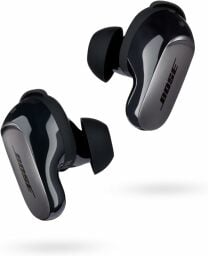 a pair of black Bose QuietComfort Ultra Earbuds on a white background