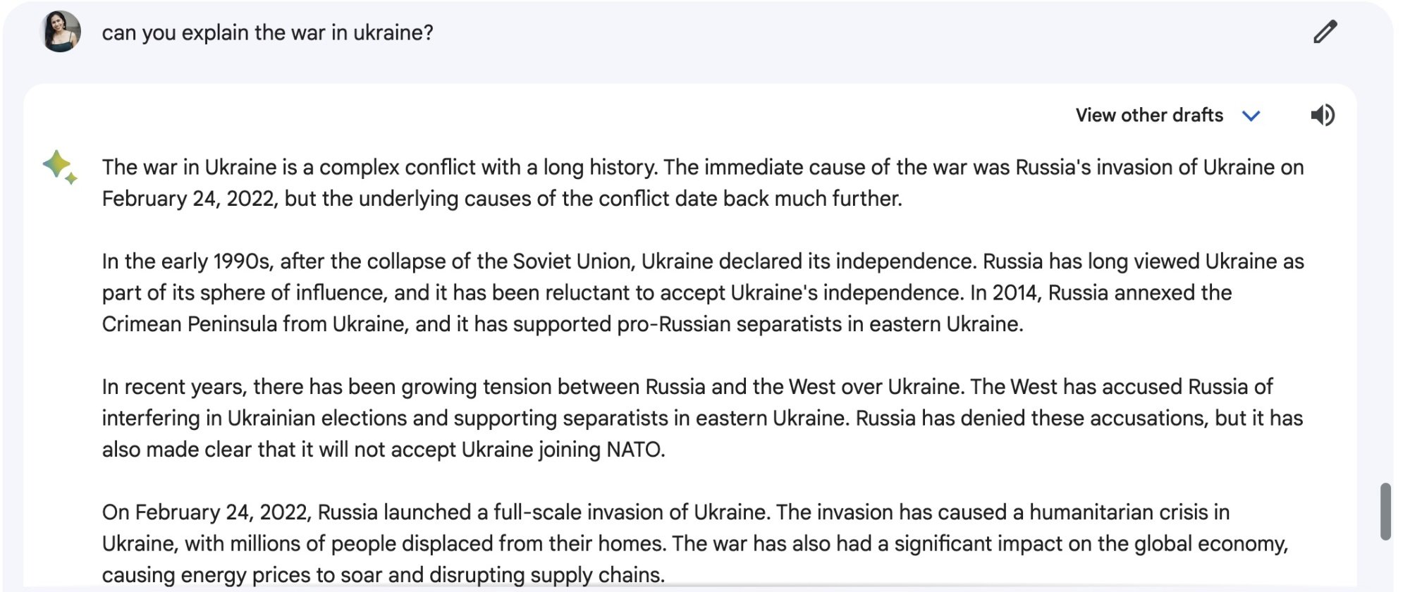 A screenshot of Google Bard answering a question about Ukraine and Russia.